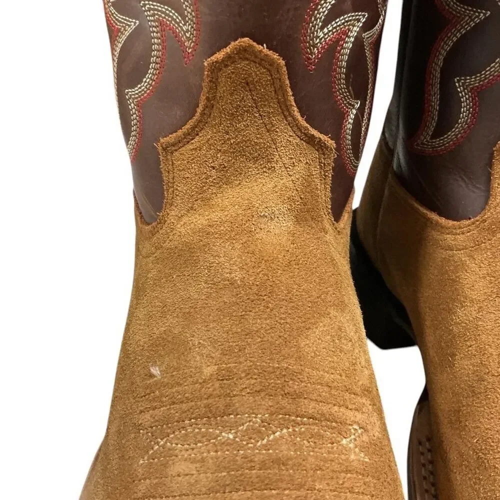 Old West Cowboy Boots Men 8 EE Brown Suede Leather Square Toe Embroidery Western